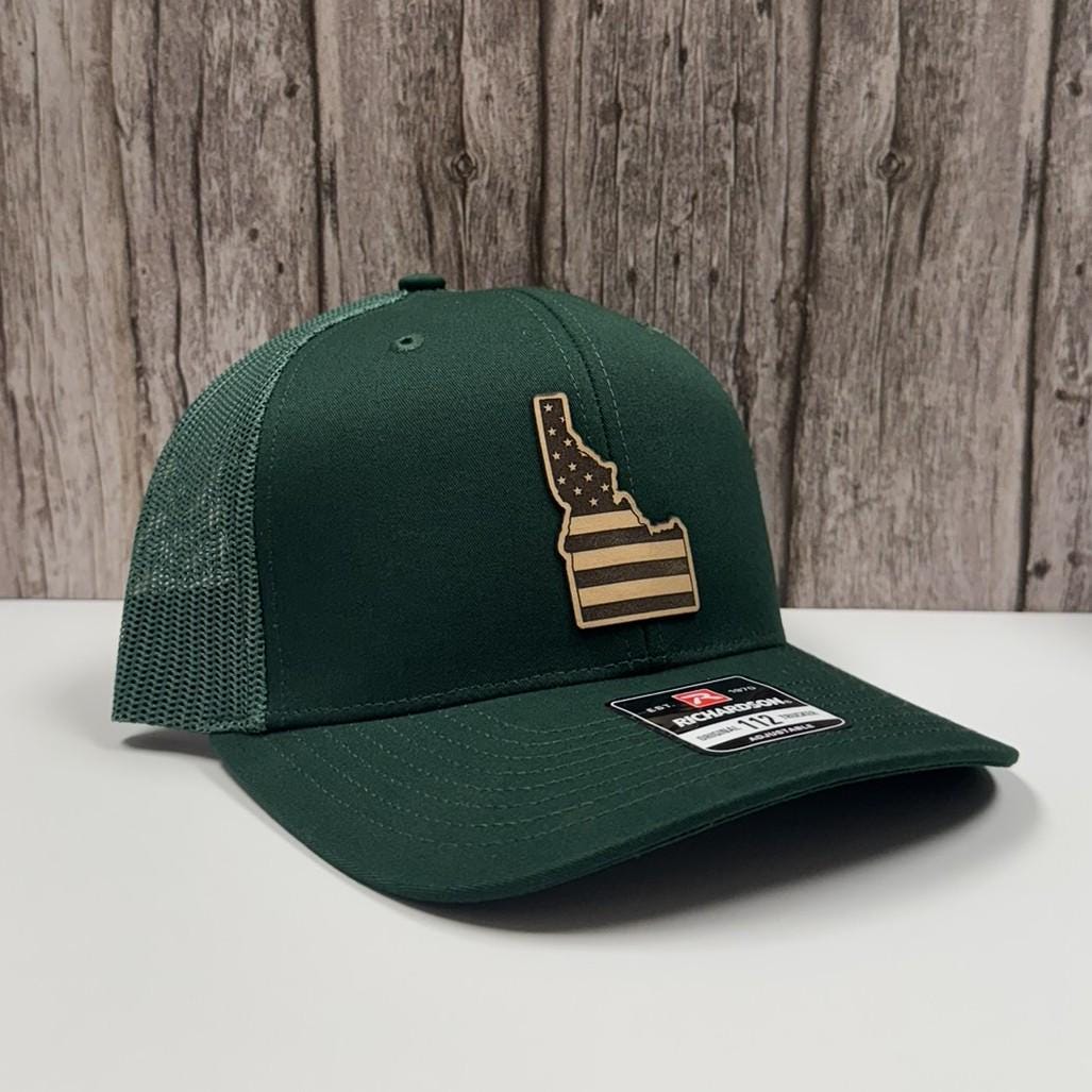 Idaho Flag Hat: Engraved Leather Patch, Snapback Trucker Cap-208 Tees Wholesale, Idaho