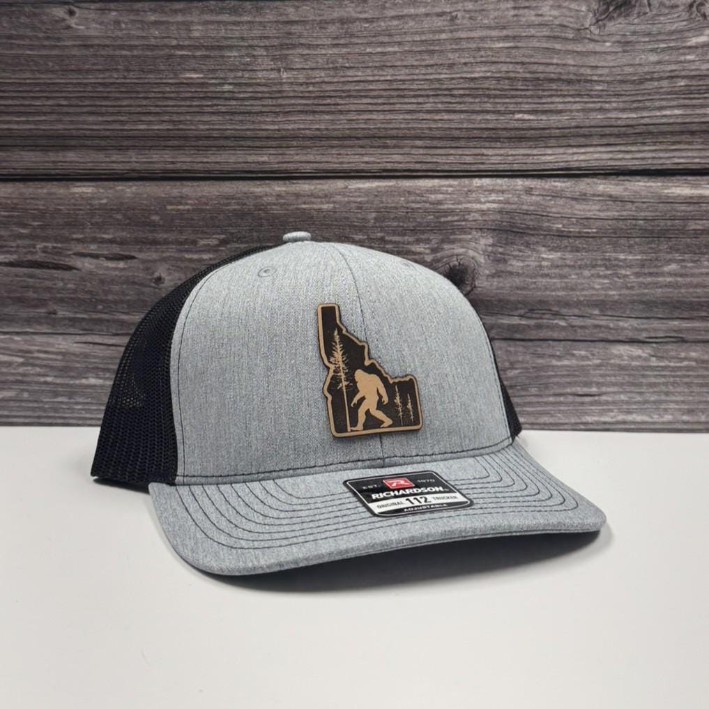 Bigfoot Idaho Hat: Rustic Sasquatch Camping Trucker Cap, Leather-208 Tees Wholesale, Idaho