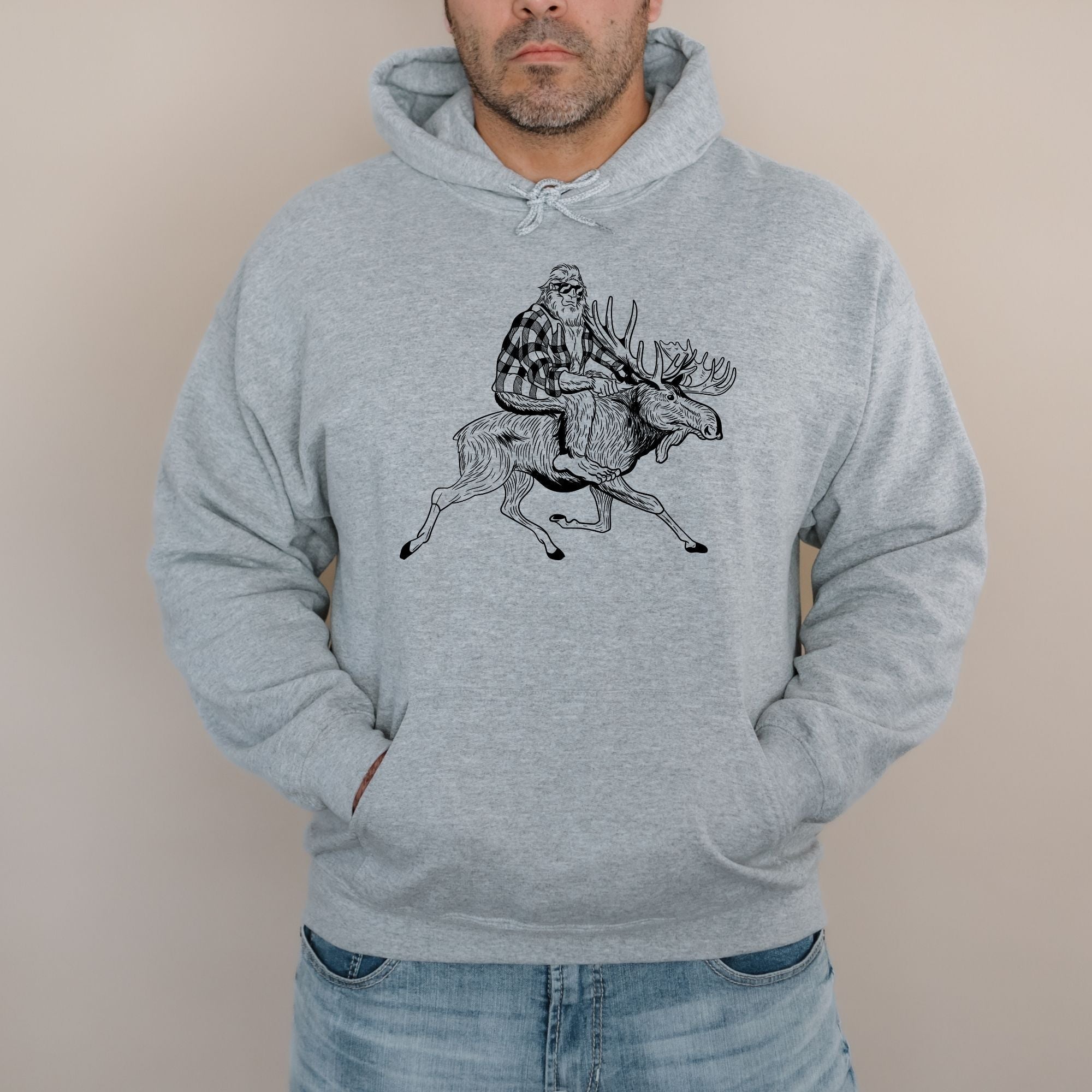 Bigfoot Riding a Moose Hoodie - Crewneck Sweatshirt for Skier *UNISEX FIT*-Sweatshirts-208 Tees Wholesale, Idaho