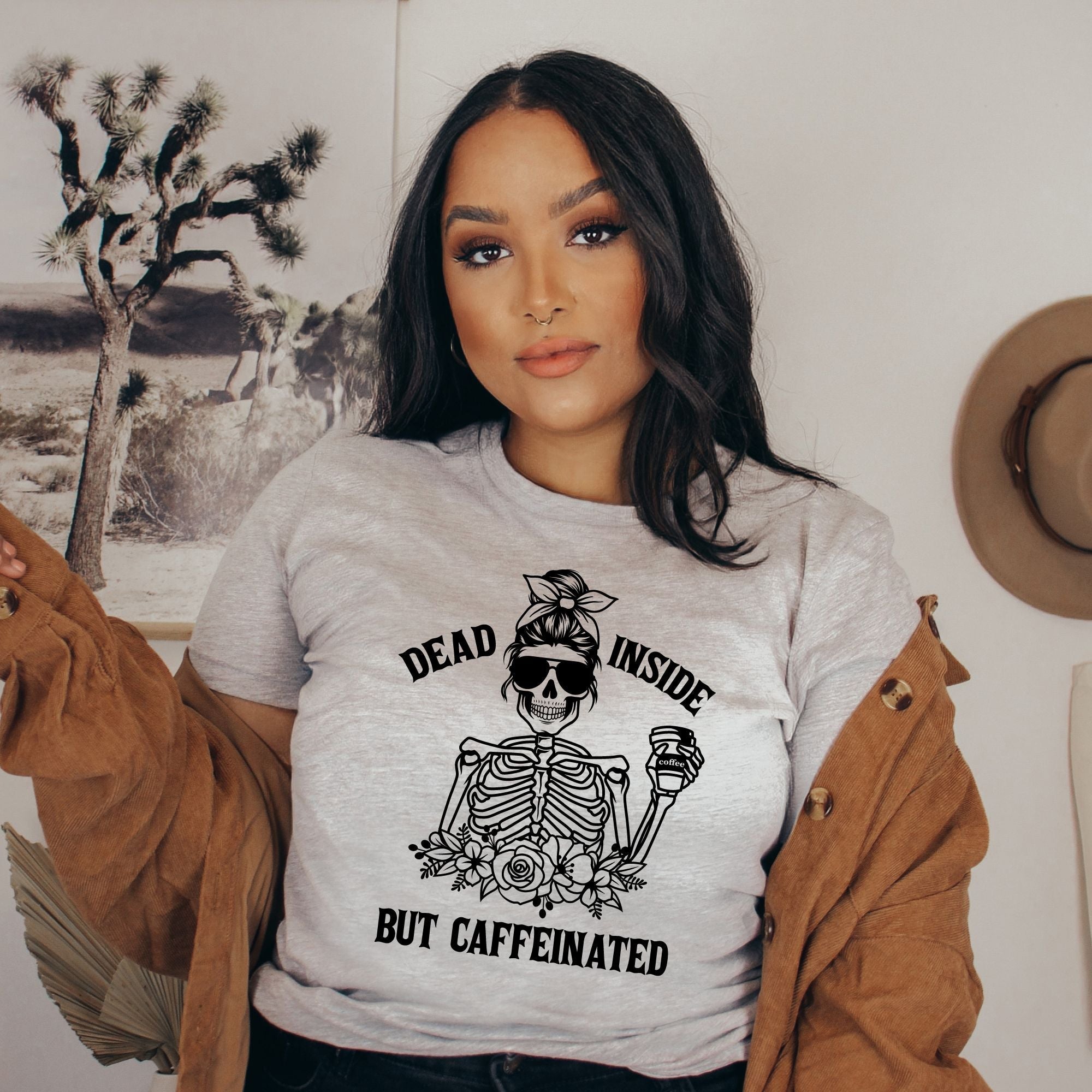 Dead Inside But Caffeinated Floral Skeleton Graphic Tee for Women *UNISEX FIT*-208 Tees Wholesale, Idaho