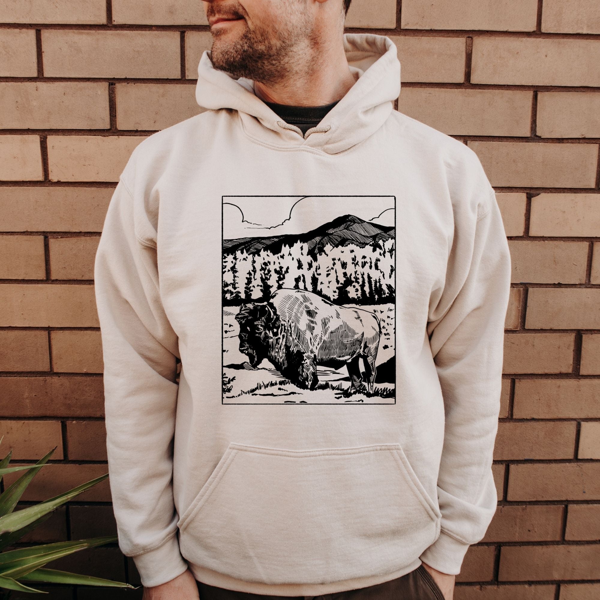 Hand Drawn Bison Roaming Buffalo Hoodie - Crewneck Sweatshirt for Skier *UNISEX FIT*-Sweatshirts-208 Tees Wholesale, Idaho