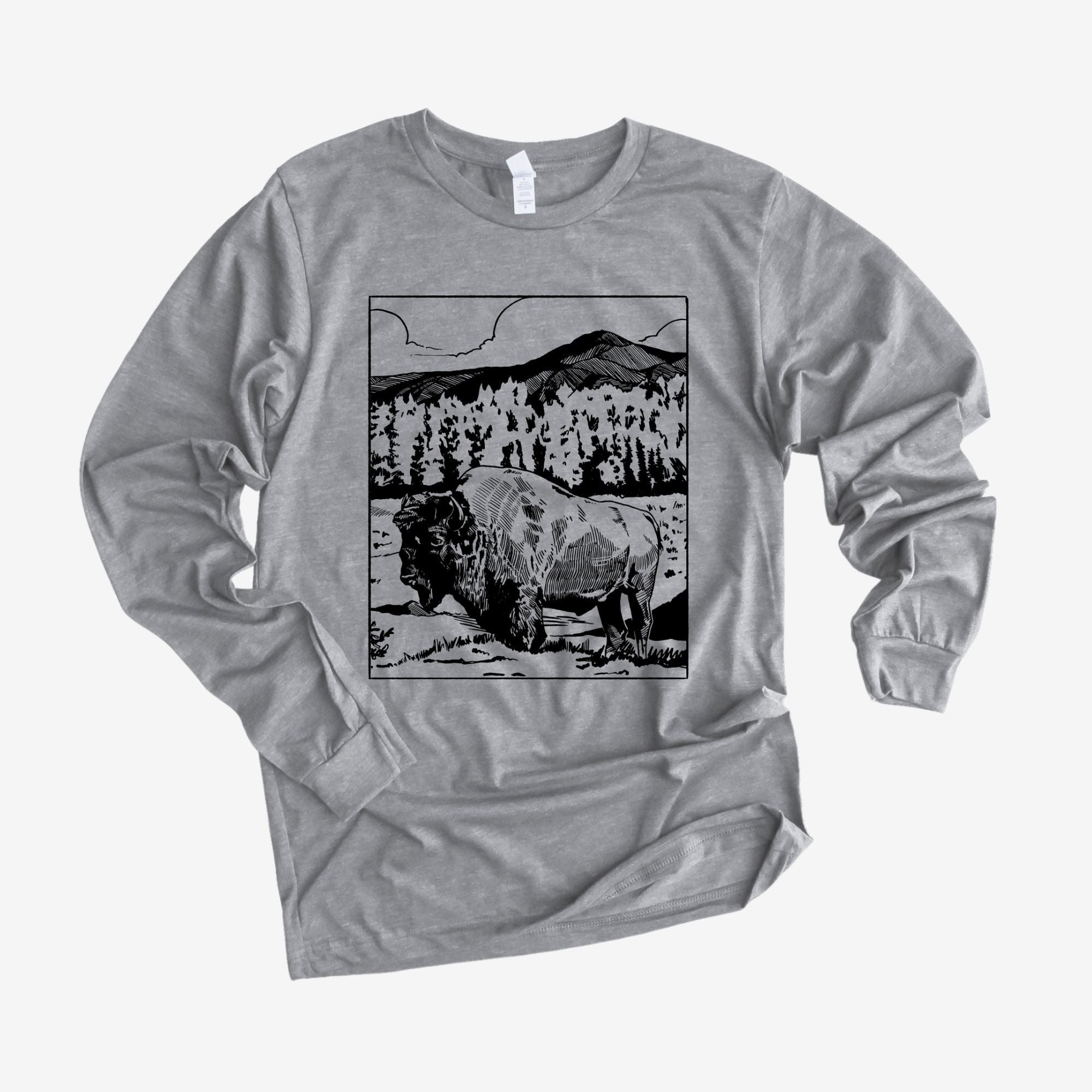 Hand Drawn Bison Roaming Buffalo Long Sleeve 30T *UNISEX FIT*-Long Sleeves-208 Tees Wholesale, Idaho