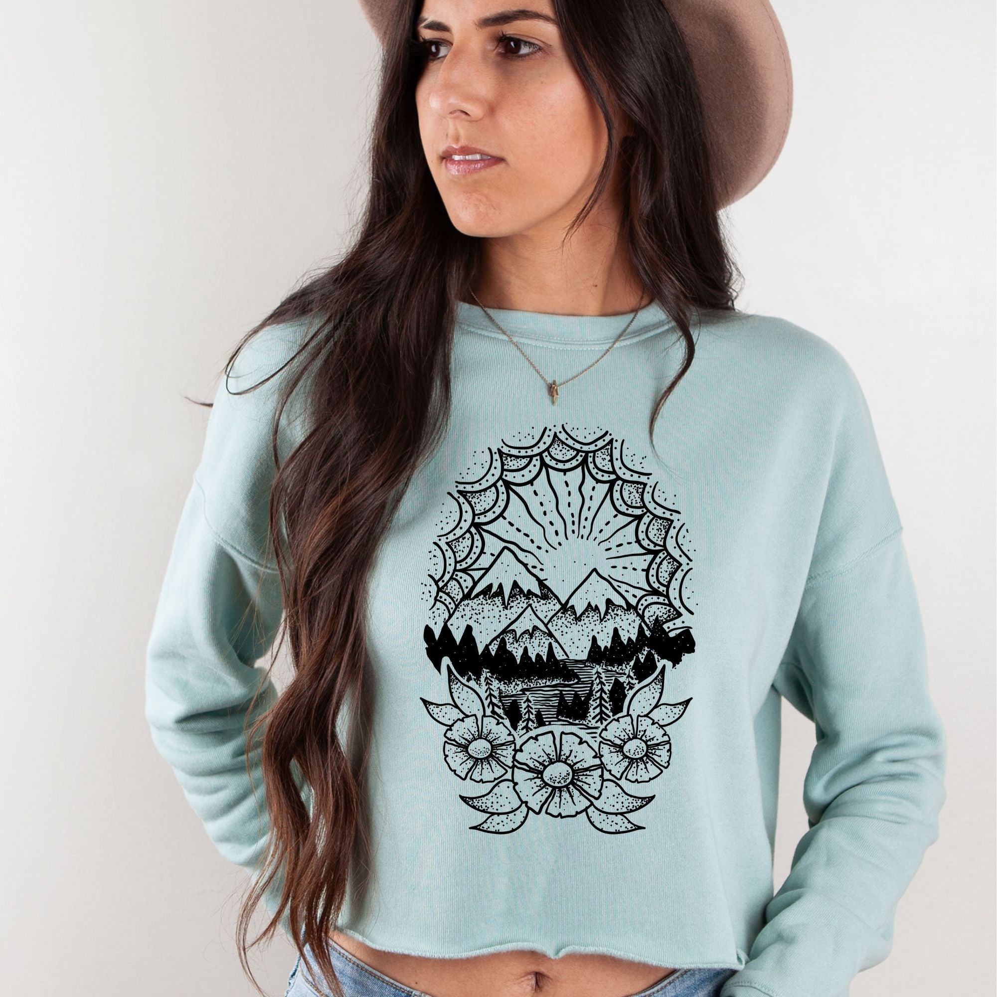 Snowy Mountain Bella Canvas Cropped Sweatshirt or Crop Hoodie *Women's Crop Fit*-208 Tees Wholesale, Idaho