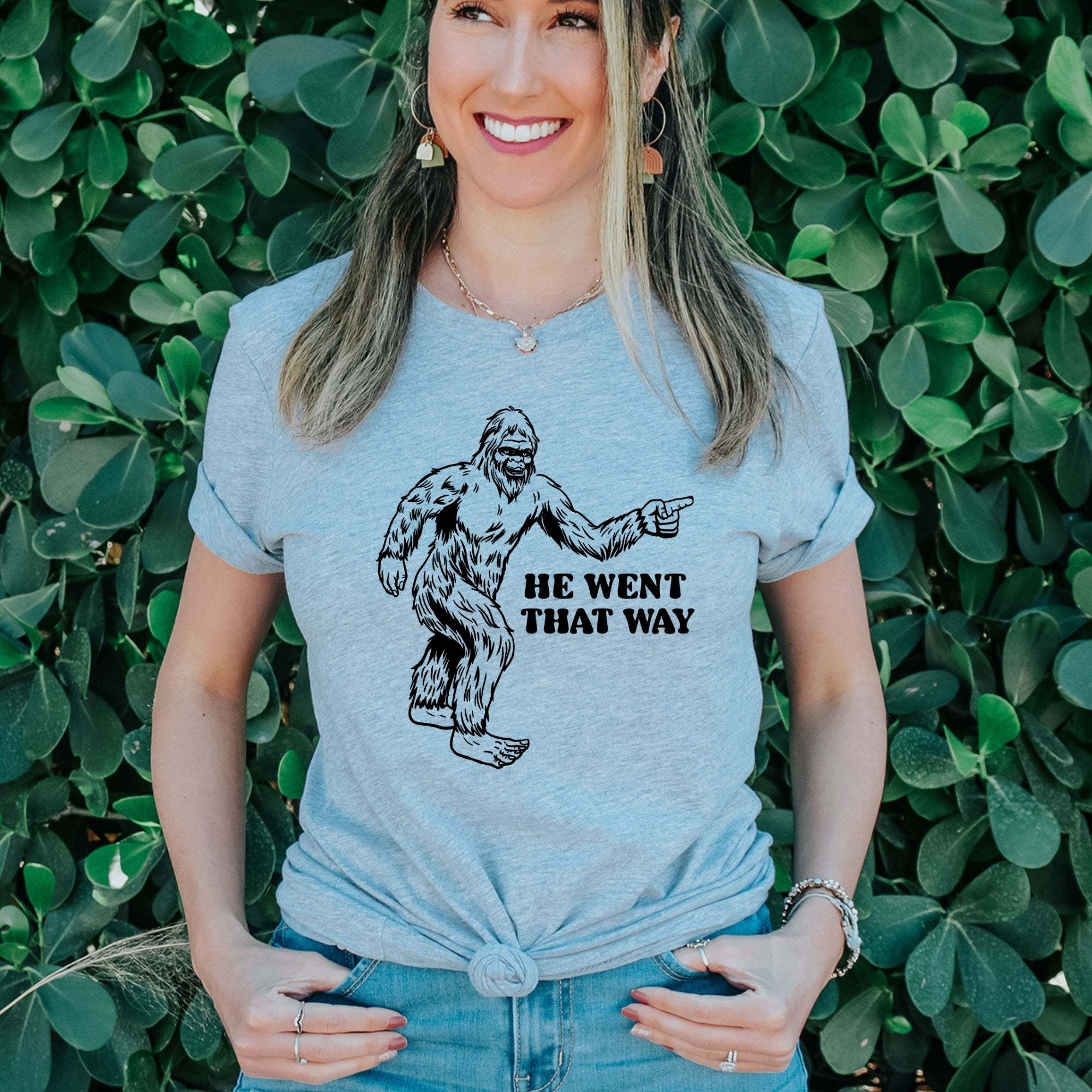 Bigfoot Pointing 'He Went That Way' Sasquatch TShirt for Men and Women *UNISEX FIT*-Mens Tees-208 Tees Wholesale, Idaho