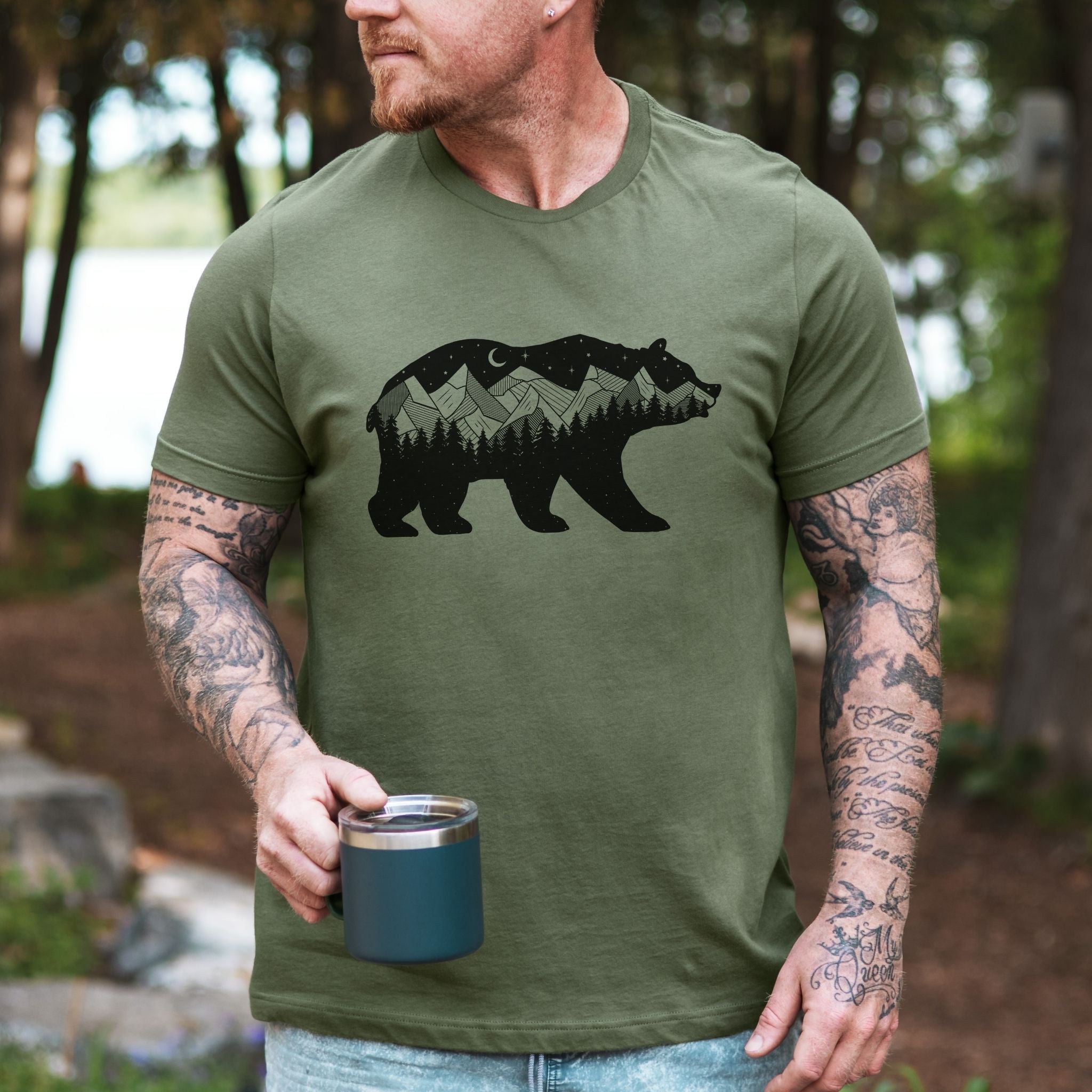 Midnight Forest Bear Graphic Tee Long Sleeve 047-Graphic Tees-208 Tees Wholesale, Idaho