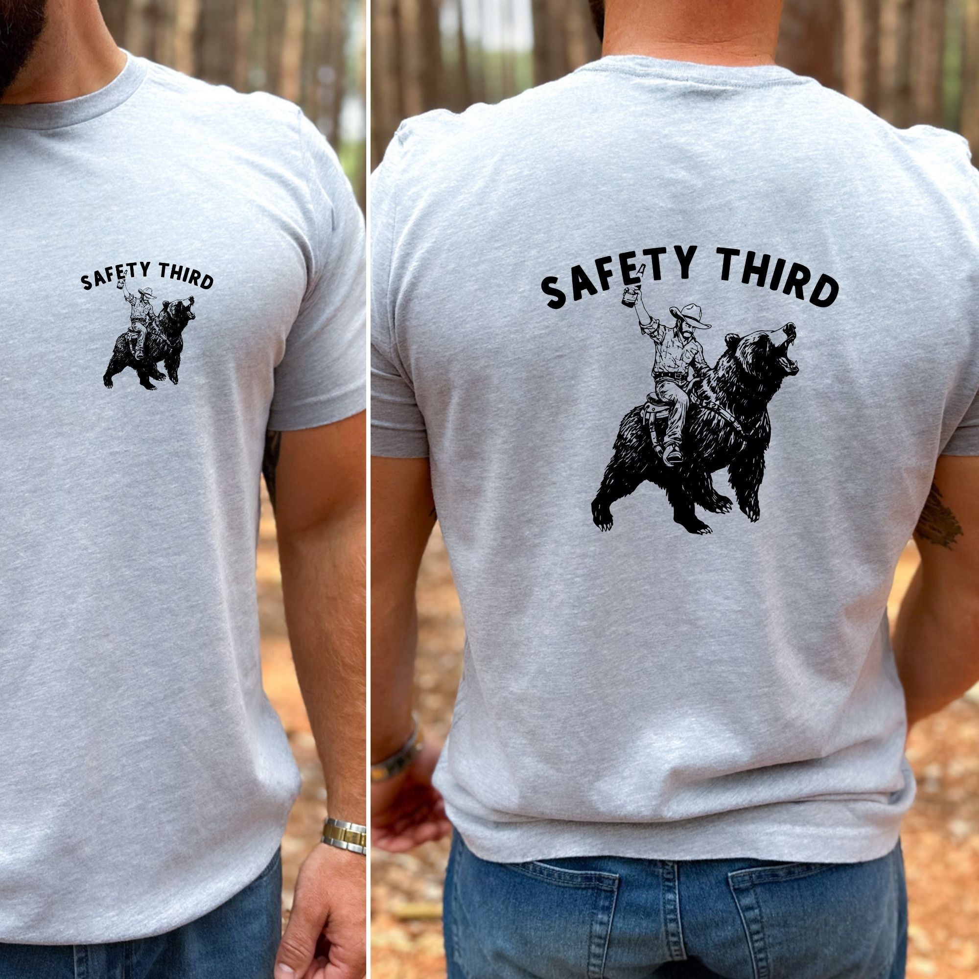Safety Third Bear Rider Pocket Graphic Tee Long Sleeve 281 (Front & Back)-Graphic Tees-208 Tees Wholesale, Idaho