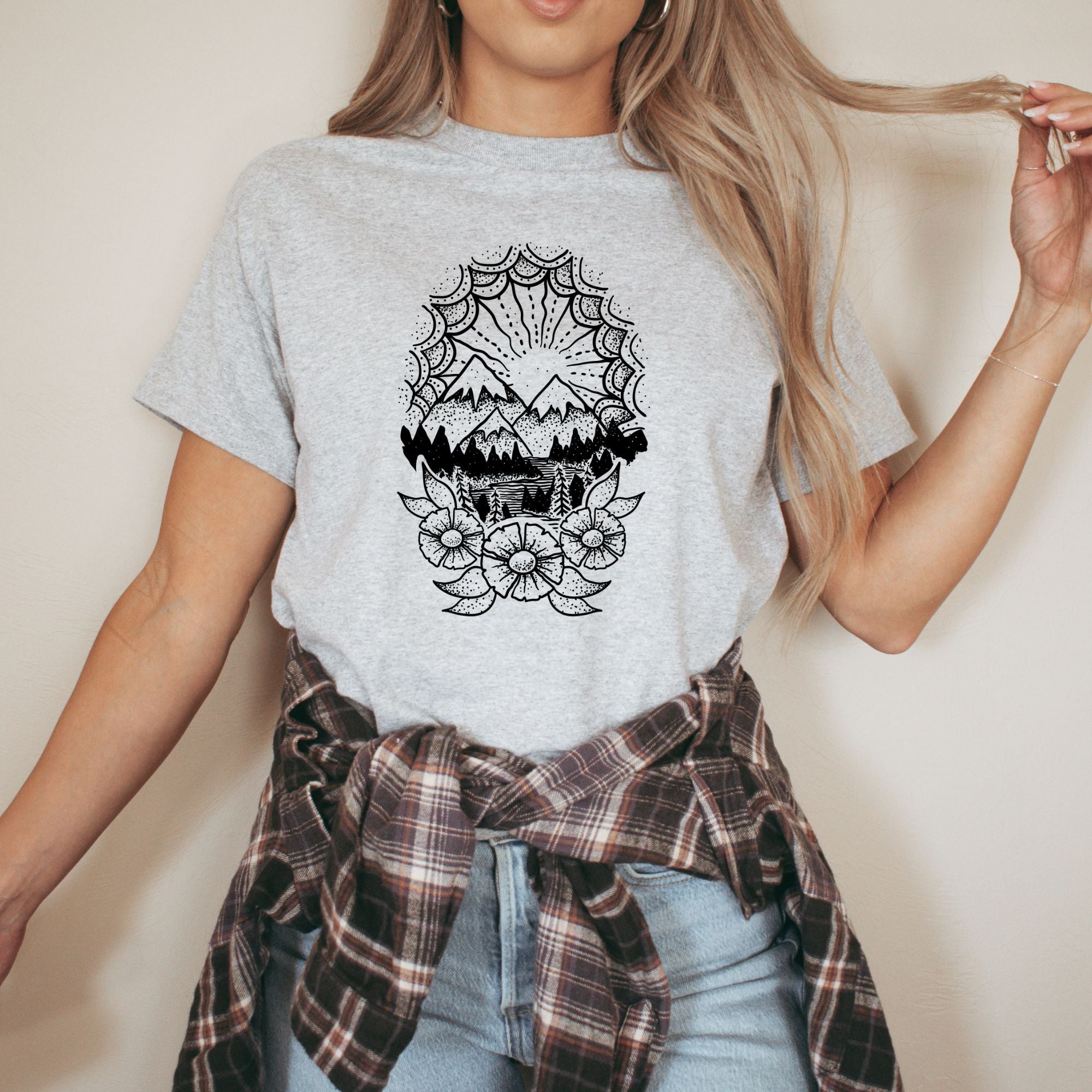 Snowy Mountain Floral Graphic Tee Long Sleeve 071-Graphic Tees-208 Tees Wholesale, Idaho