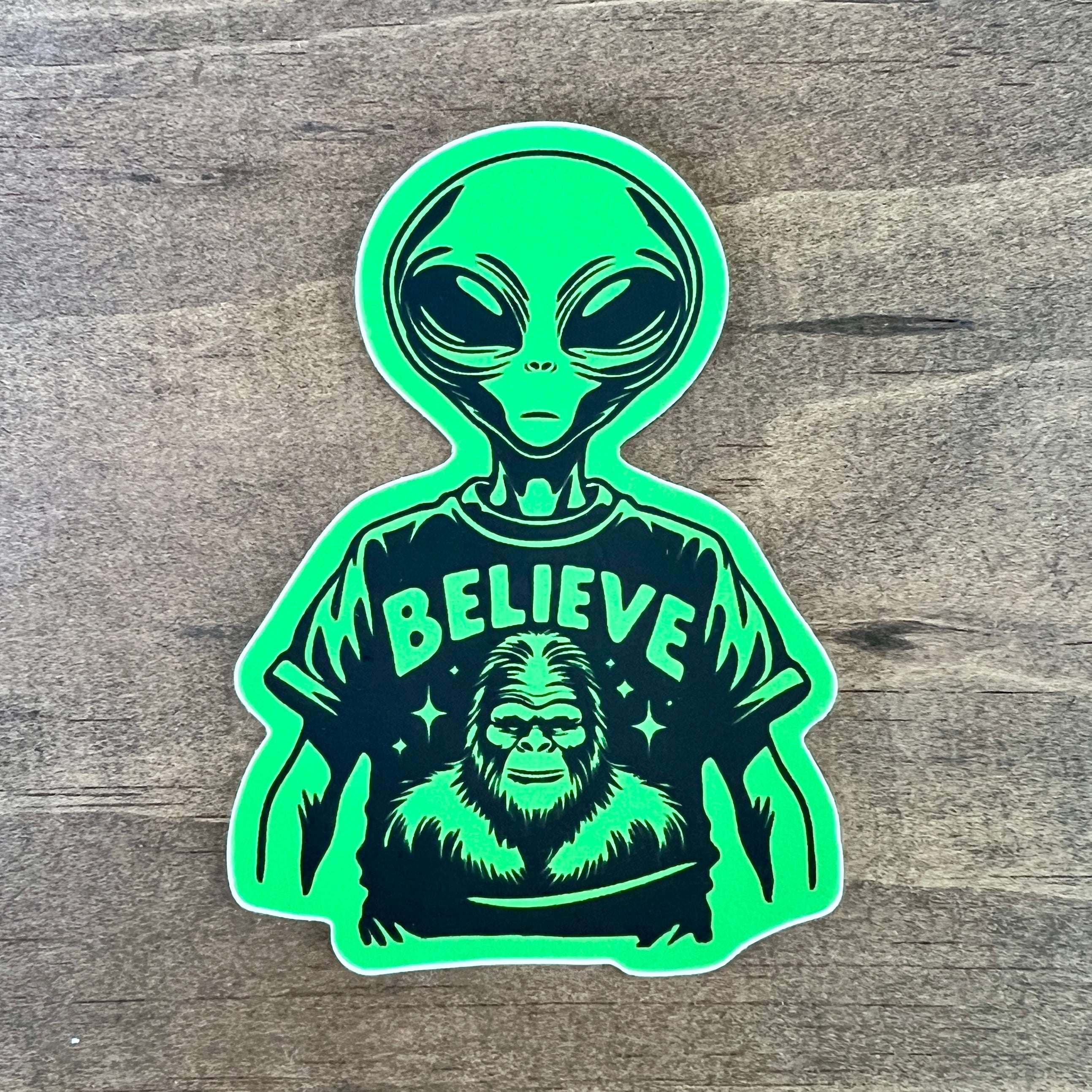 WHOLESALE Aliens Believe In Bigfoot Sticker – Unique Sasquatch Weatherproof Decal-Sticker-208 Tees Wholesale, Idaho