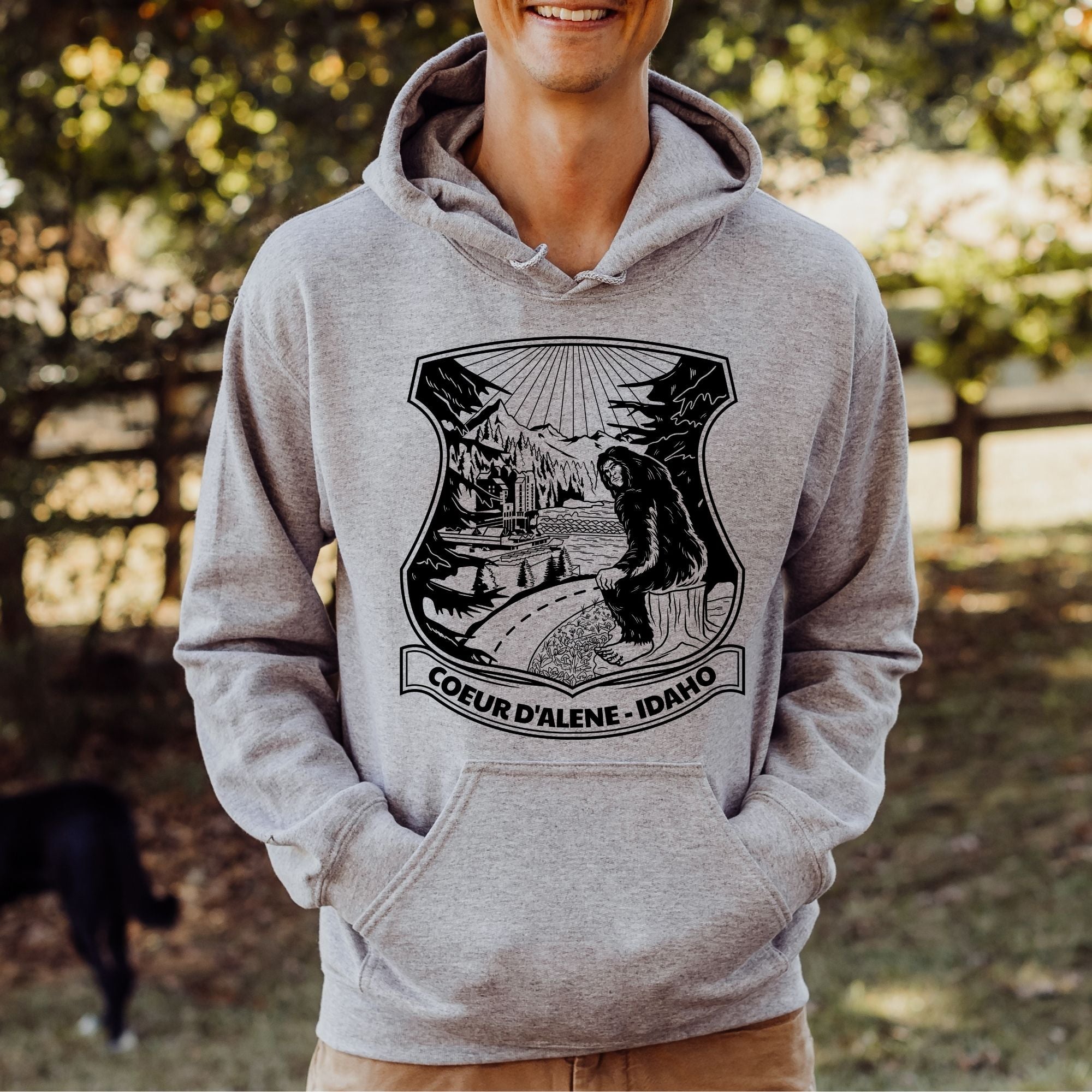 Bigfoot Overlooking Coeur d'Alene, Idaho Hoodie - Crewneck Sweatshirt for Skier *UNISEX FIT*-Sweatshirts-208 Tees Wholesale, Idaho