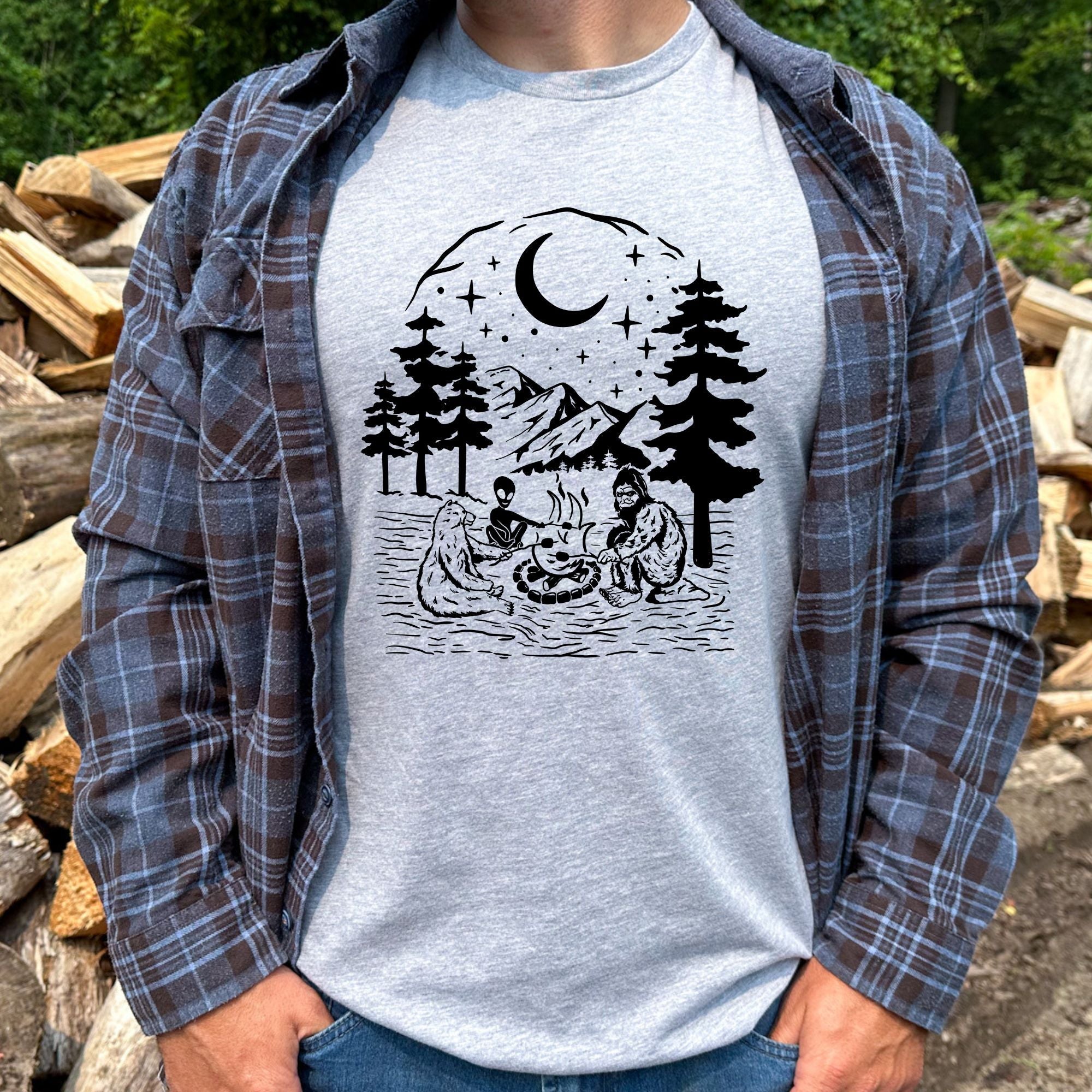 Bear, Alien & Sasquatch Camping Graphic Tee Long Sleeve 204-Graphic Tees-208 Tees Wholesale, Idaho