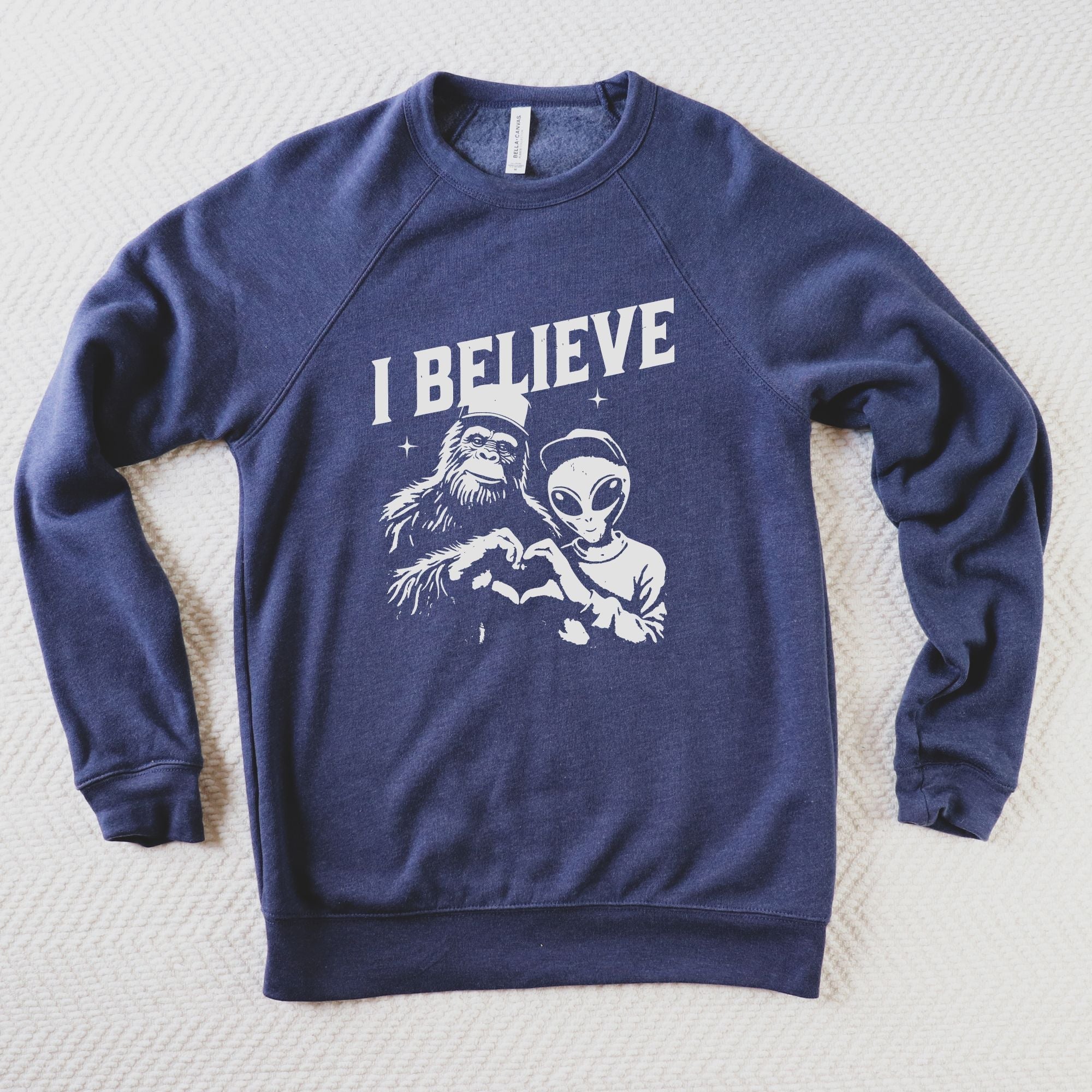 Believe Alien <3 Bigfoot Bella Canvas Sweatshirt or Hoodie *Unisex Fit*-Sweatshirts-208 Tees Wholesale, Idaho