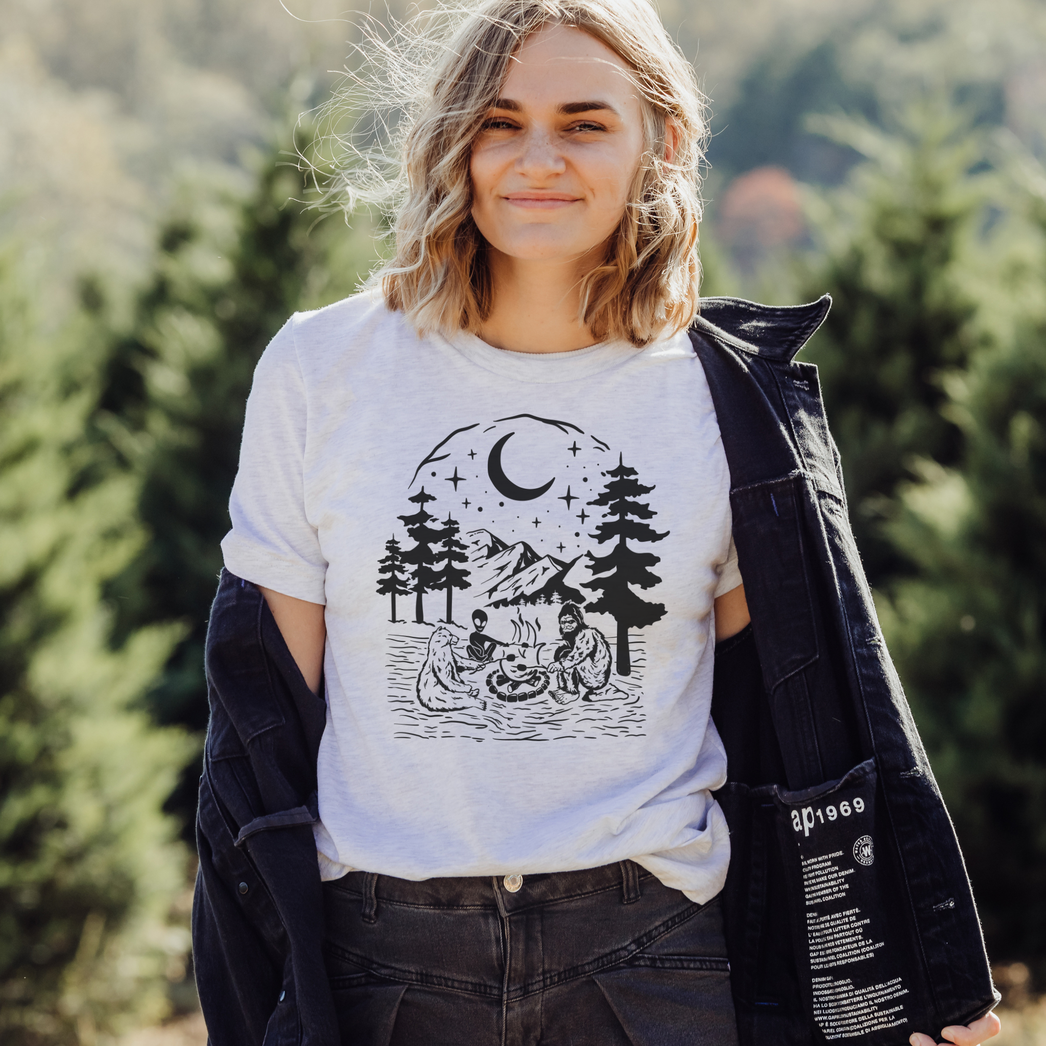 Bear, Alien & Sasquatch Camping Graphic Tee Long Sleeve 204-Graphic Tees-208 Tees Wholesale, Idaho