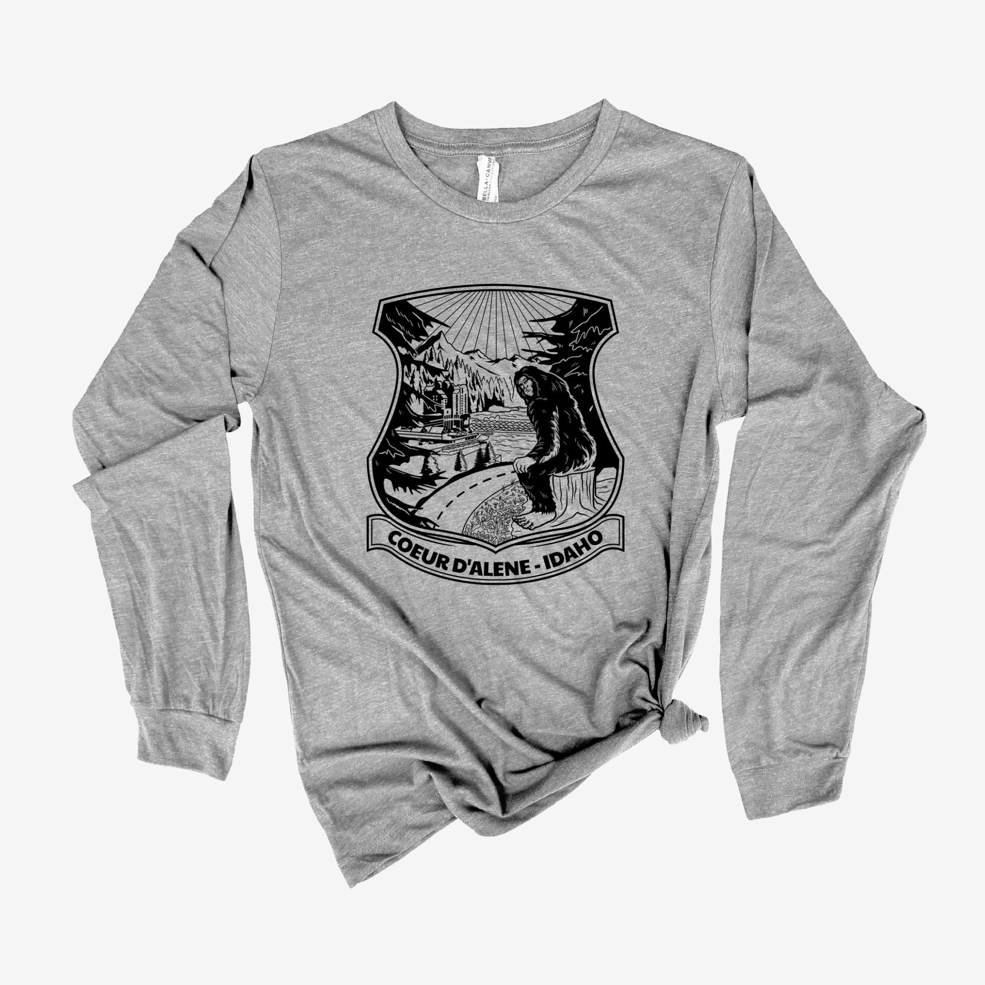 Bigfoot Overlooking Coeur d'Alene, Idaho Long Sleeve 30T *UNISEX FIT*-Long Sleeves-208 Tees Wholesale, Idaho