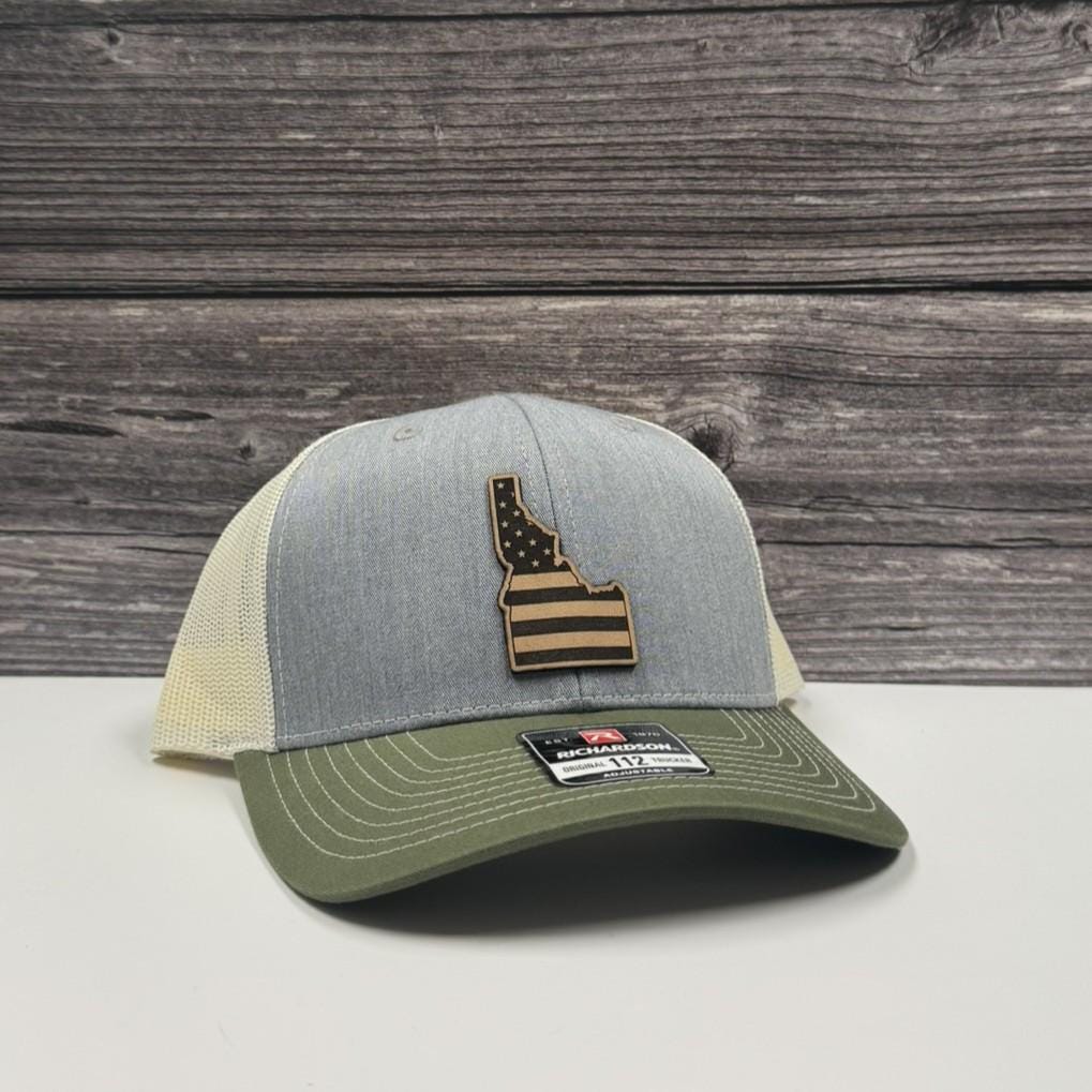 Idaho Flag Hat: Engraved Leather Patch, Snapback Trucker Cap-208 Tees Wholesale, Idaho