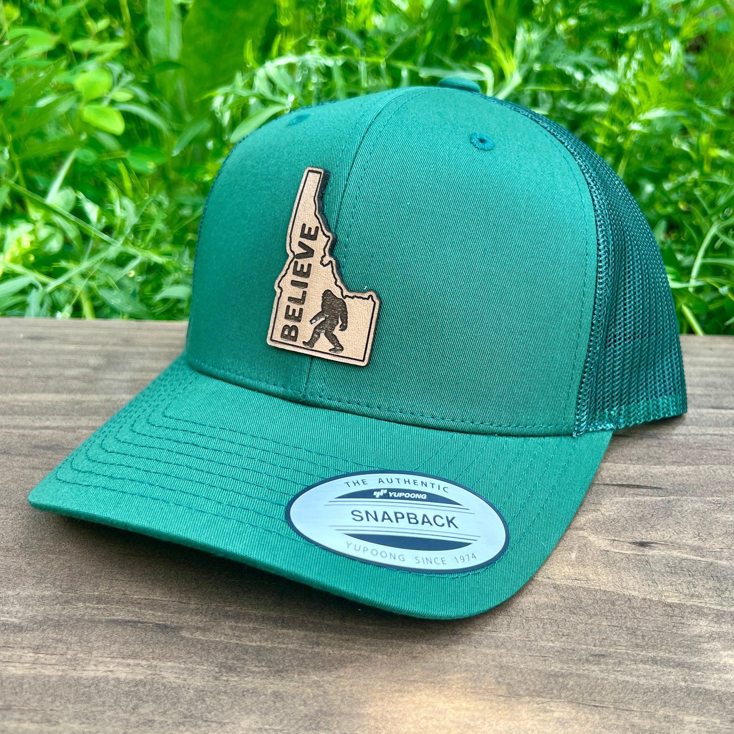 Bigfoot Idaho Hat Trucker Cap: Sasquatch Forest Theme, Leather Mesh Construction (Adjustable Snapback, Breathable Fit)-208 Tees Wholesale, Idaho