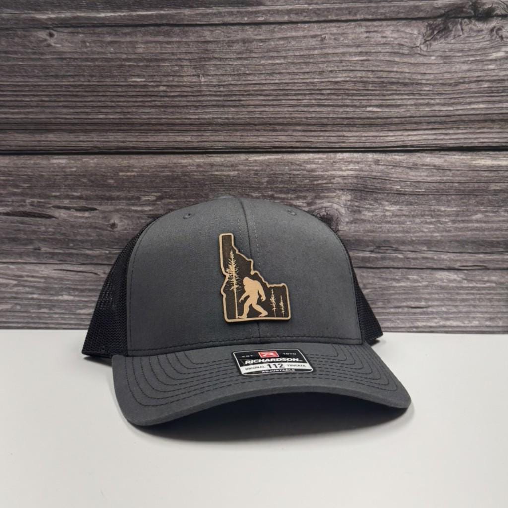 Bigfoot Idaho Hat: Rustic Sasquatch Camping Trucker Cap, Leather-208 Tees Wholesale, Idaho