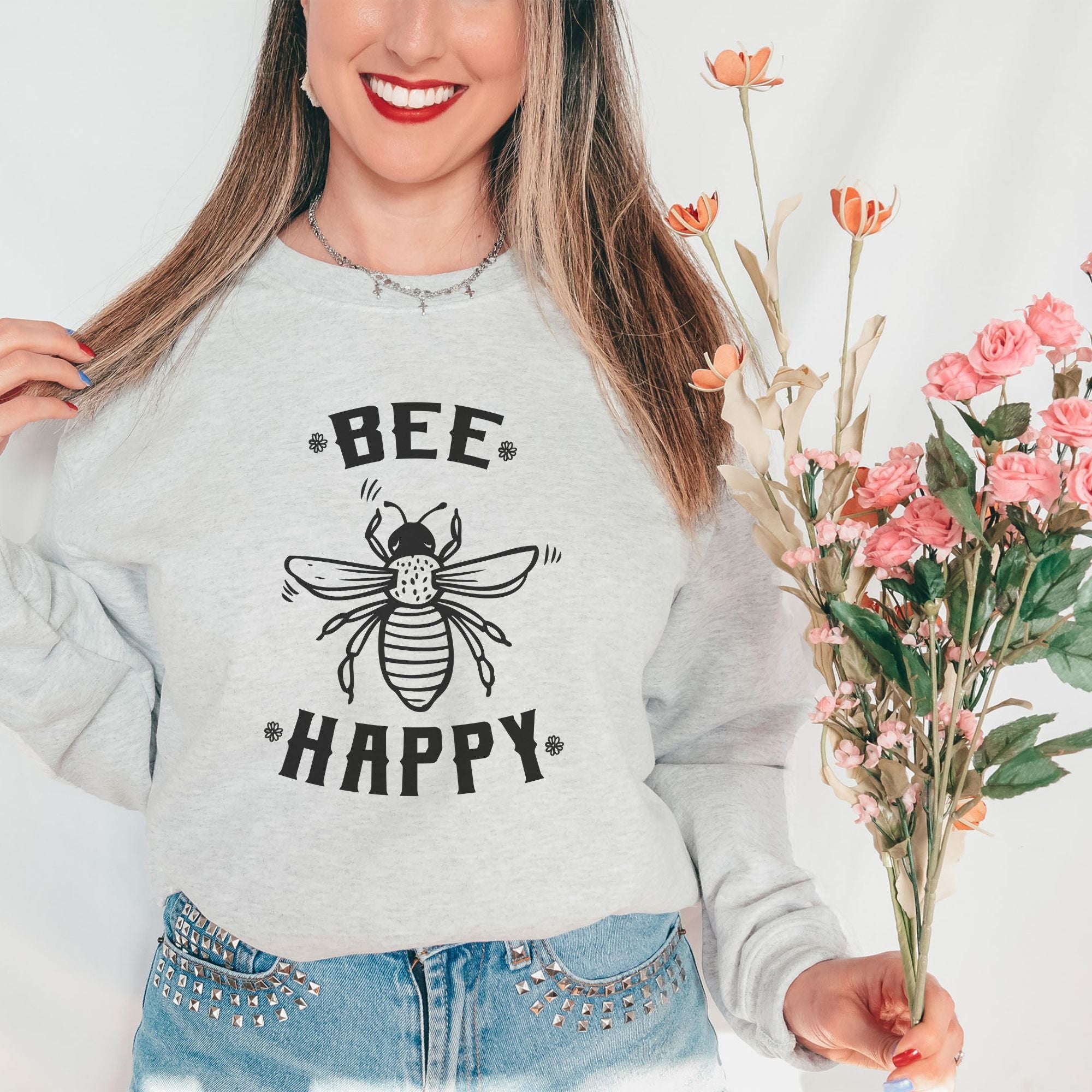 Bee Happy Bumble Bee Gildan Crewneck Sweatshirt or Hoodie *UNISEX FIT*-Sweatshirts-208 Tees Wholesale, Idaho