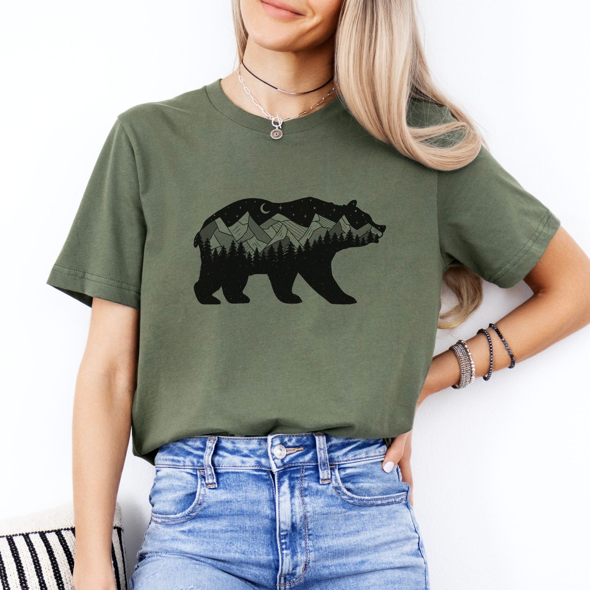 Midnight Forest Bear Graphic Tee Long Sleeve 047-Graphic Tees-208 Tees Wholesale, Idaho