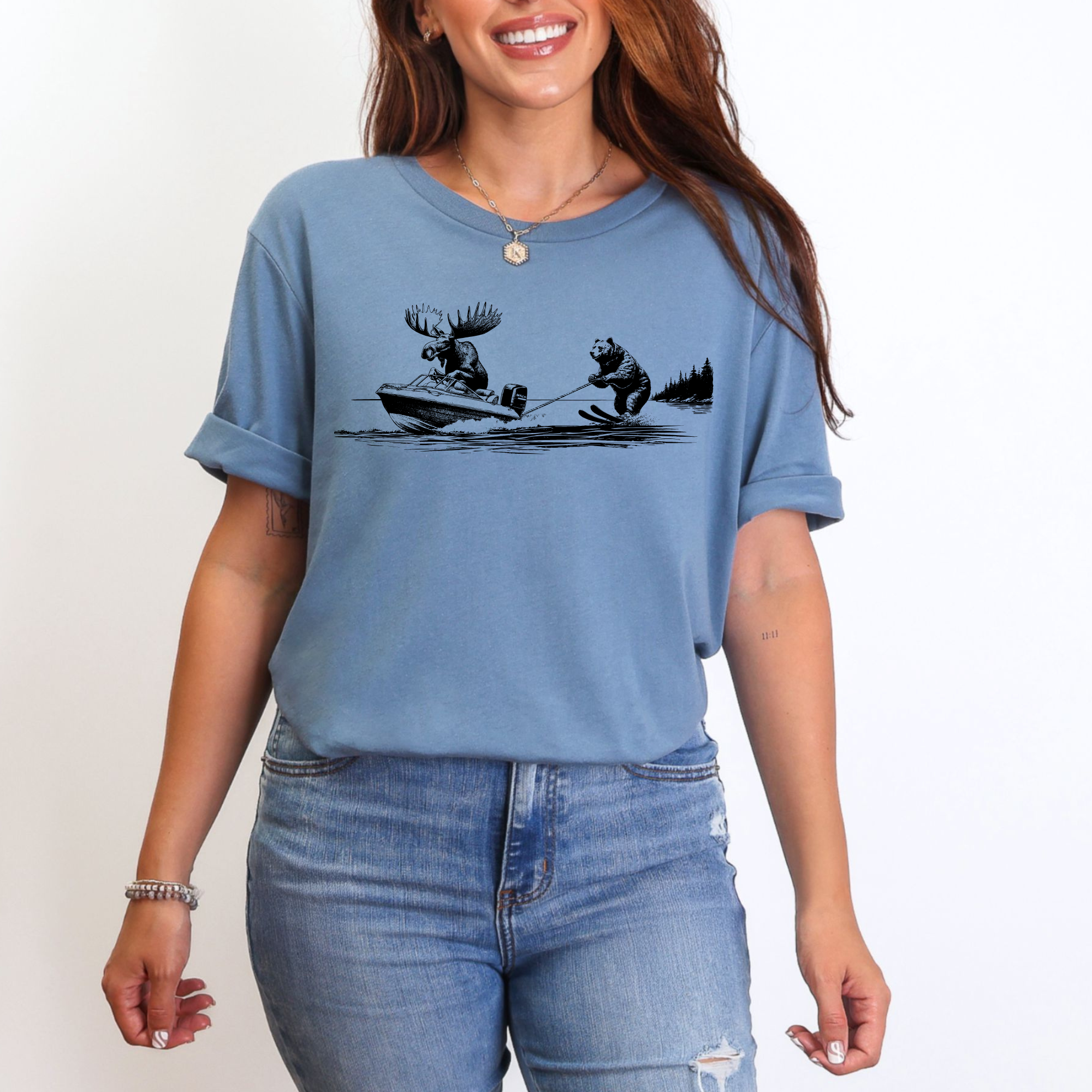 Moose & Bear Water Skiing Graphic Tee Long Sleeve 209-Graphic Tees-208 Tees Wholesale, Idaho
