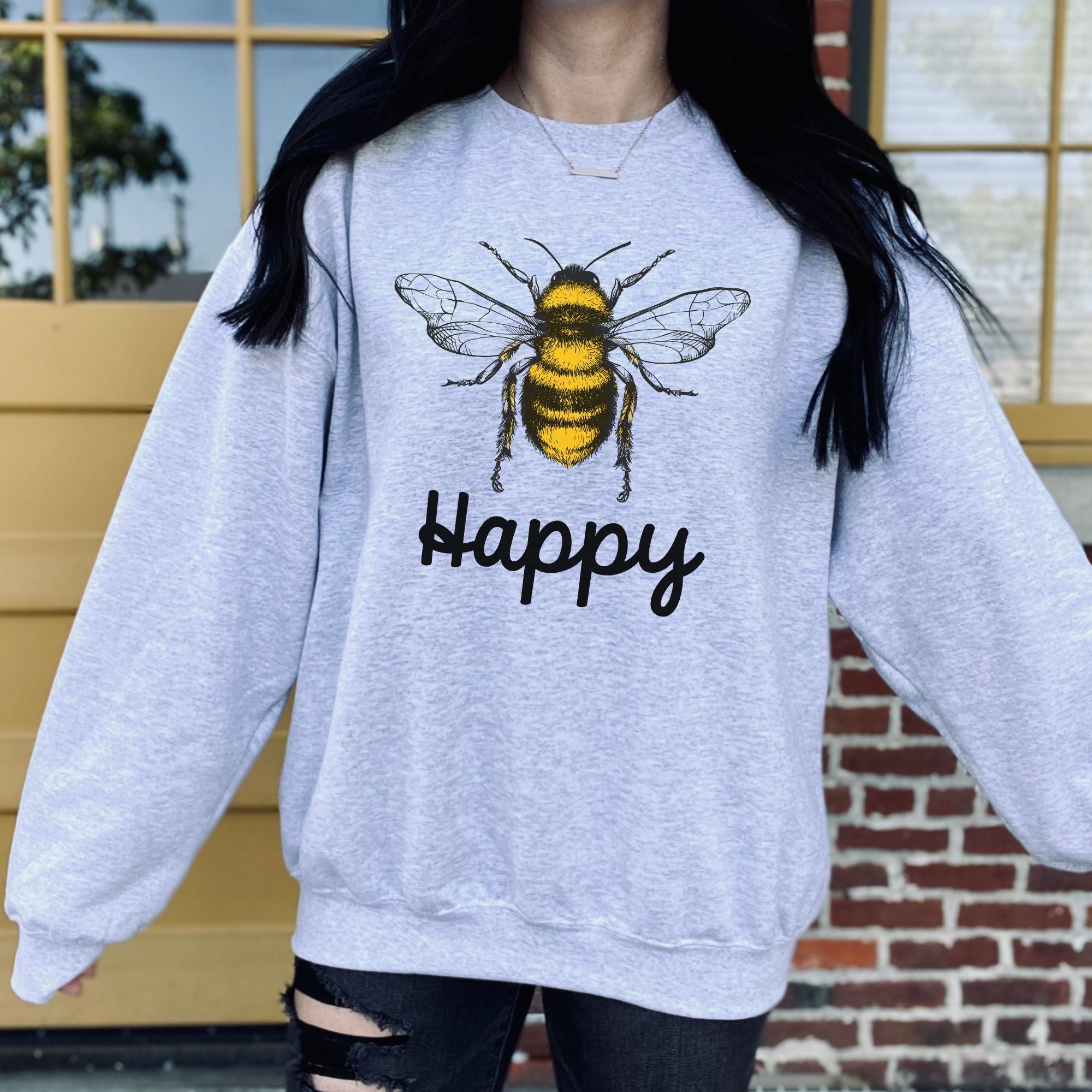 Bee Happy Gildan Crewneck Sweatshirt or Hoodie *UNISEX FIT*-Sweatshirts-208 Tees Wholesale, Idaho