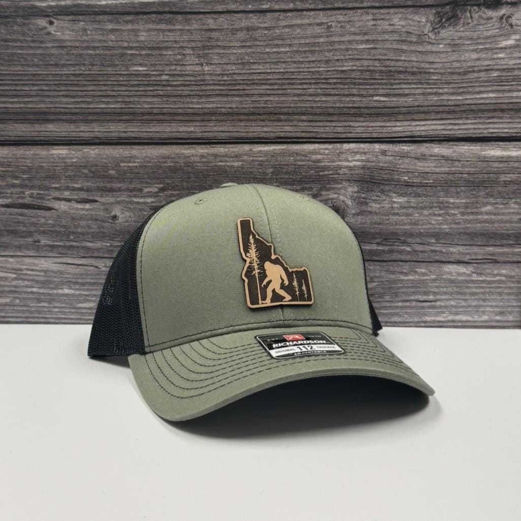 Bigfoot Idaho Hat: Rustic Sasquatch Camping Trucker Cap, Leather-208 Tees Wholesale, Idaho