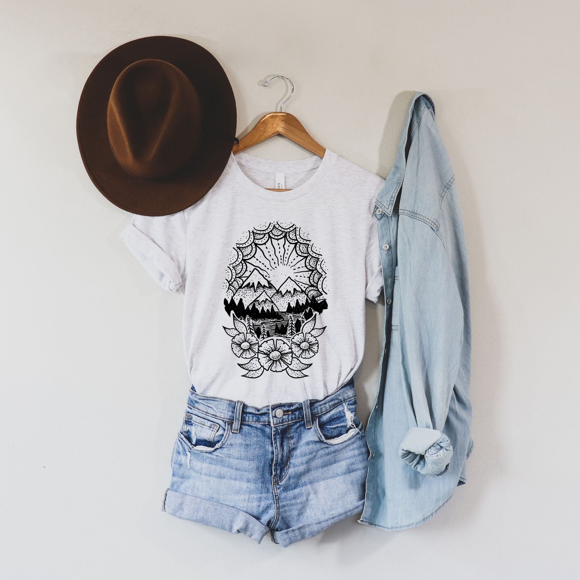 Snowy Mountain Floral Graphic Tee Long Sleeve 071-Graphic Tees-208 Tees Wholesale, Idaho