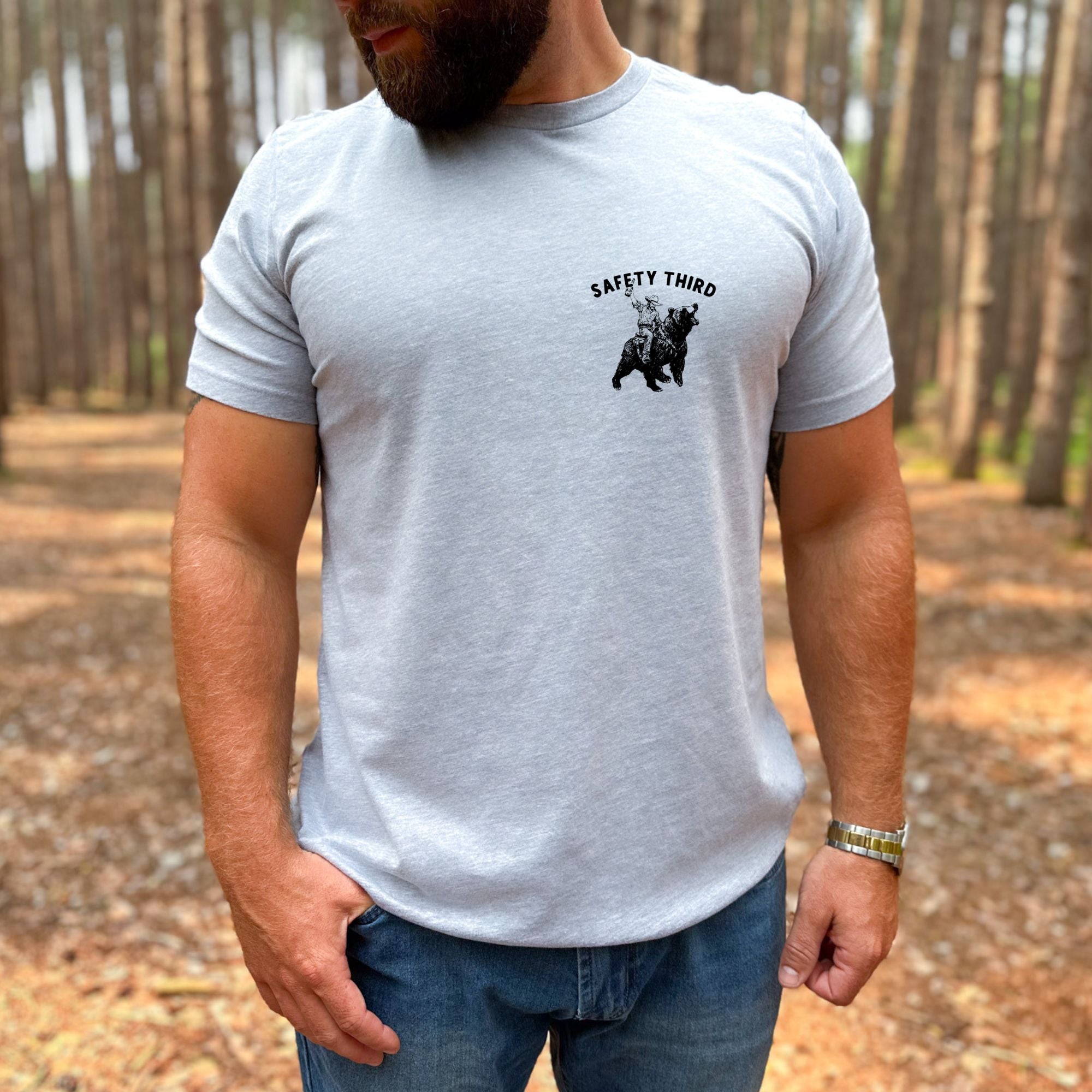 Safety Third Bear Rider Pocket Graphic Tee Long Sleeve 281 (Front & Back)-Graphic Tees-208 Tees Wholesale, Idaho